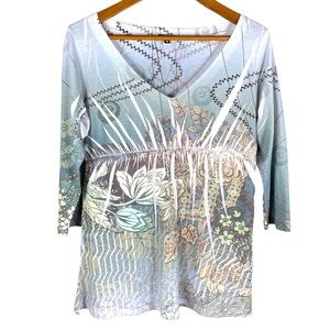 Yukiko V-Neck Peplum Empire Waist 3/4 Sleeve Lightweight Top W/ Embellishment M